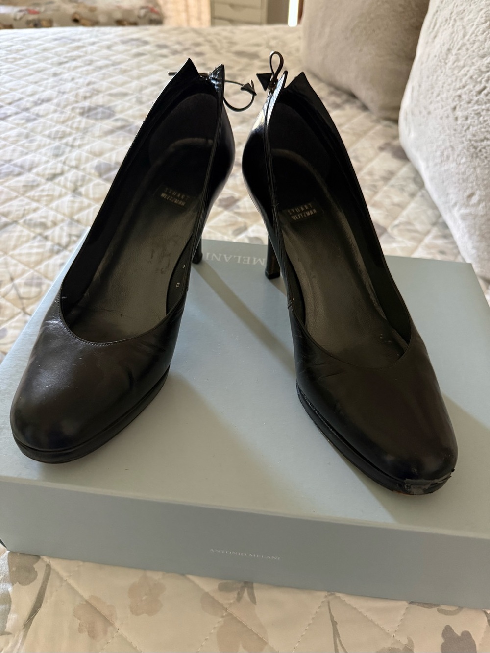 Stuart Weitzman Black Leather Pointed-Toe High Heels